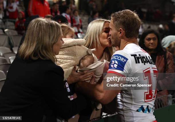 Jack De Belin of the Dragons kisses his partner after the round 13 NRL match between the St George Illawarra Dragons and the Brisbane Broncos at...