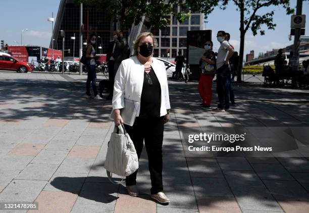 The exsenadora of Podemos Celia Canovas, on her arrival at the Plaza Castilla courts to testify as a witness in the 'Neurona' case, on 3 June, 2021...