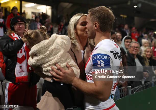 Jack De Belin of the Dragons is seen with partner Alyce Taylor after the round 13 NRL match between the St George Illawarra Dragons and the Brisbane...