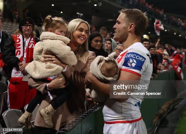 Jack De Belin of the Dragons is seen with partner Alyce Taylor after the round 13 NRL match between the St George Illawarra Dragons and the Brisbane...