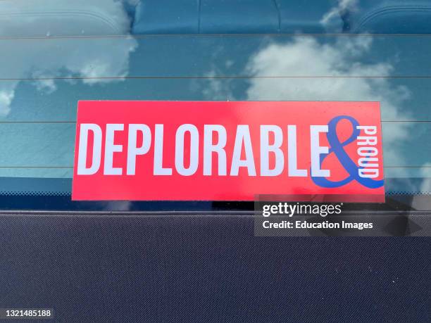Deplorable and Proud bumper sticker on car, Florida.