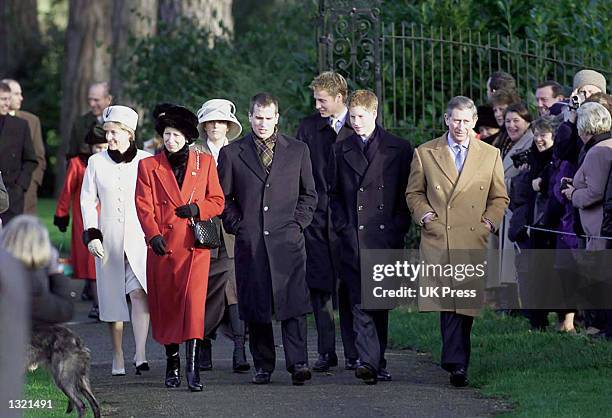 Members of the British royal family, from far back left: Prince Andrew; Prince Edward, the Earl of Wessex; Prince Phillip; Princess Eugenie; Sophie...