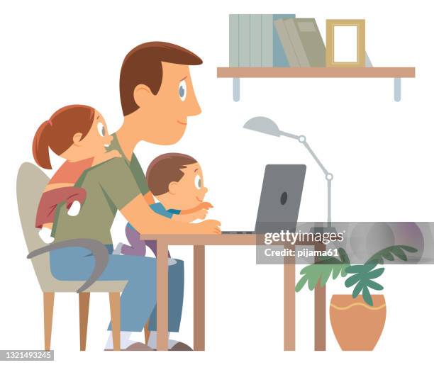 father work home with laptop, freelance online office, remote internet work - remote control on table stock illustrations