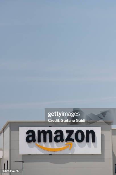 General view of Amazon logo on Amazon Headquarter on June 03, 2021 in Torrazza Piemonte near Turin, Italy. Amazon Italy rolls out an on-site vaccine...