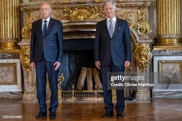 King Philippe of Belgium receives President of the Republic of Tunisia Kais Saied at the Royal Palace on June 03, 2021 in Brussels, Belgium.