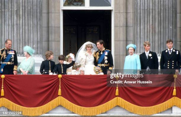 Prince Charles, Prince of Wales and Diana, Princess of Wales, wearing a wedding dress designed by David and Elizabeth Emanuel and the Spencer family...