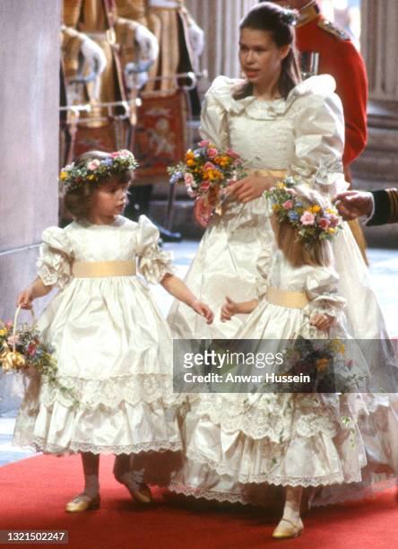Bridesmaids Clementine Hambro, Lady Sarah Armstrong-Jones and Catherine Cameron attend the wedding of Prince Charles, Prince of Wales and Diana,...