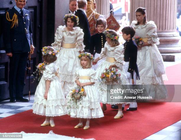 Bridesmaids Clementine Hambro , India Hicks , Catherine Cameron , Sarah Jane Gaselee , Lady Sarah Armstrong-Jones and pageboys, Lord Nicholas Windsor...