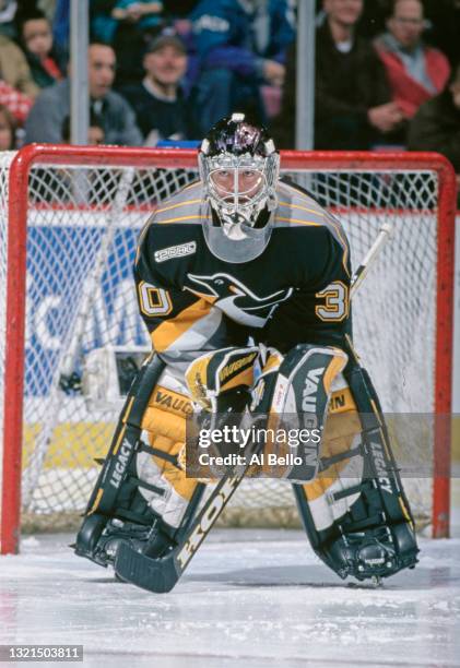 Jean-Sebastien Aubin, Goalkeeper for the Pittsburgh Penguins looks on tending goal during the NHL Eastern Conference Atlantic Division game against...