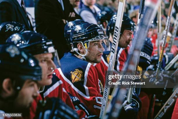 Ray Whitney, Center for the Florida Panthers looks on from the bench during the NHL Eastern Conference Northeast Division game against the Buffalo...