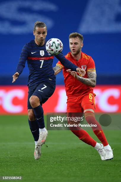 Antoine Griezmann of France in action against Harry Wilson of Wales during the international friendly match between France and Wales at Allianz...