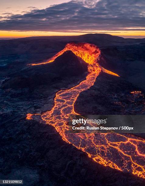 aerial view of volcanic landscape against sky during sunset,southern peninsula region,iceland - lava stock-fotos und bilder