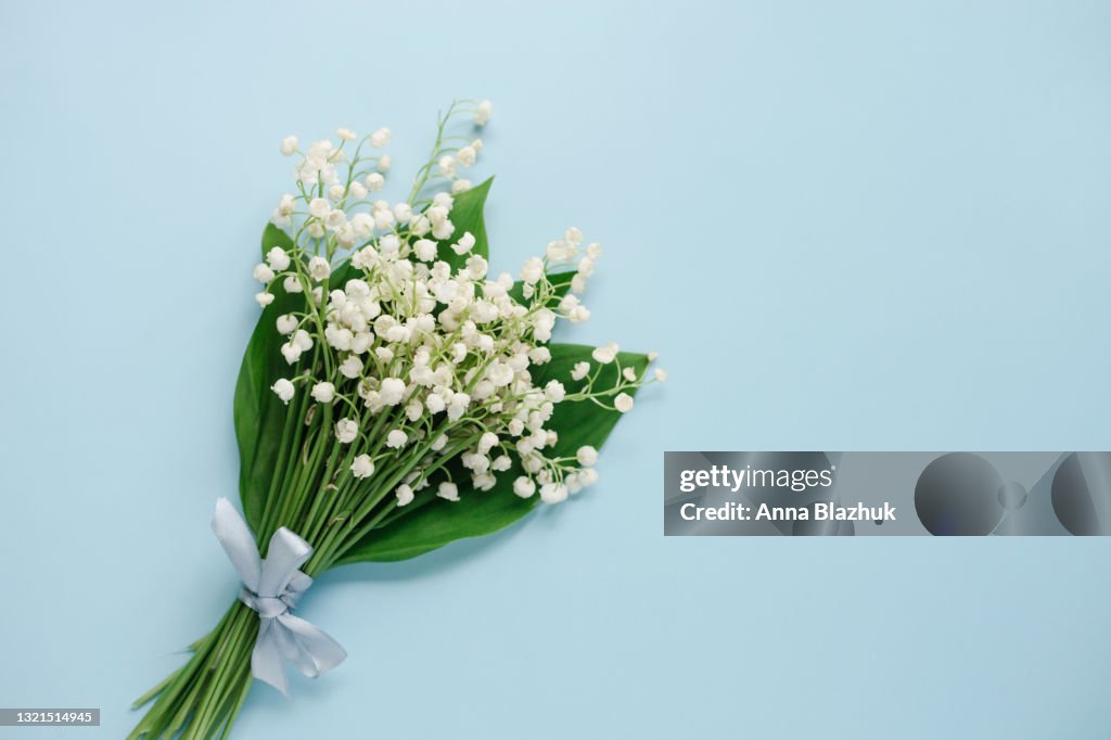 Lily-of-the-valley spring white flowers on pastel blue background with copy space.