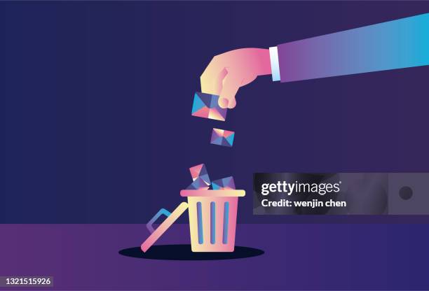 the letter was thrown into the trash can, and the spam was deleted - e mail spam stock illustrations