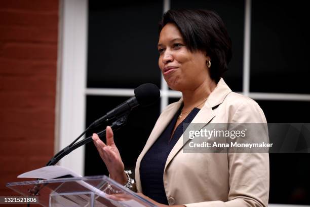 Mayor Muriel Bowser speaks at a news conference on childcare access and resources at the Stevens Early Learning Center on June 03, 2021 in...