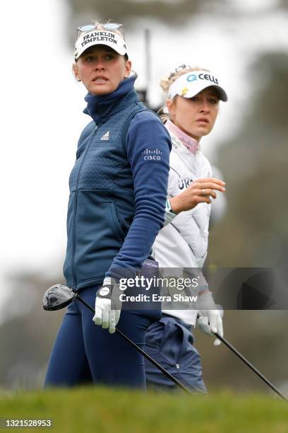 Jessica Korda and Nelly Korda stand on the 12th hole tee box during the first round of the 76th U.S. Women's Open Championship at The Olympic Club on...