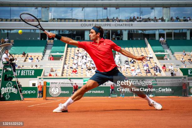 June 3. Roger Federer of Switzerland in action against Marin Cilic of Croatia on Court Philippe-Chatrier during the second round of the singles...