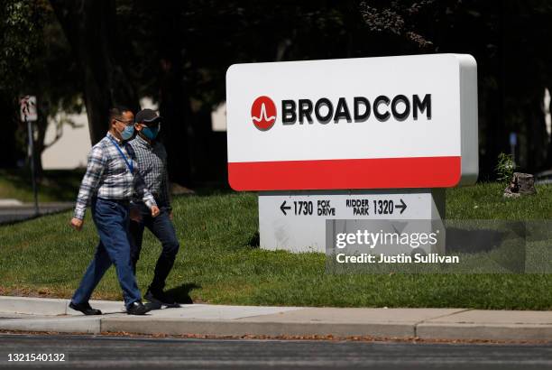 Sign is posted in front of a Broadcom office on June 03, 2021 in San Jose, California. Chipmaker Broadcom will report second quarter earnings today...