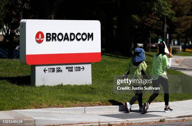 Sign is posted in front of a Broadcom office on June 03, 2021 in San Jose, California. Chipmaker Broadcom will report second quarter earnings today...