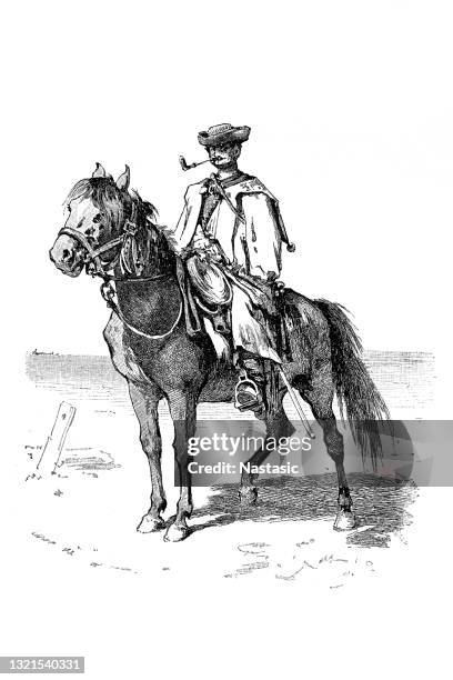 hungarian man riding hortobágy foal - hortobagy stock illustrations
