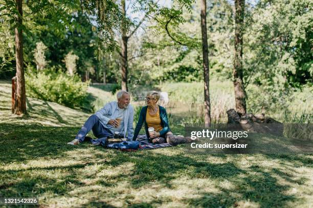 seniorenpaar beim picknick - paar picknick stock-fotos und bilder