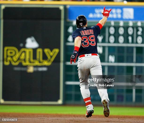 Christian Arroyo of the Boston Red Sox hits a three run home run in the second inning against the Houston Astros at Minute Maid Park on June 03, 2021...