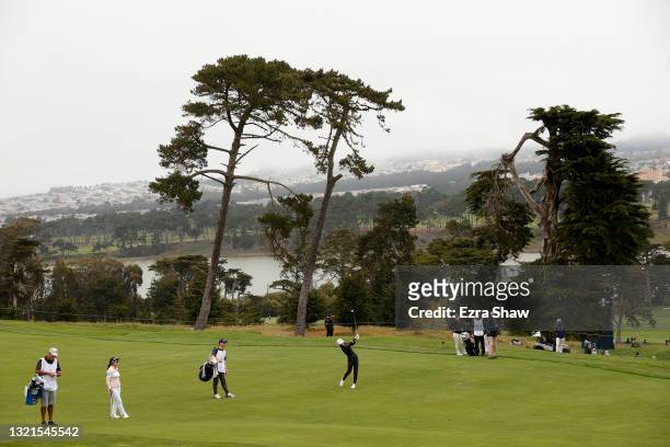 Mel Reid of England hits from the fairway on the second hole during the first round of the 76th U.S. Women's Open Championship at The Olympic Club on...
