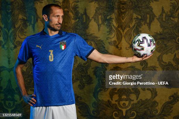 Giorgio Chiellini of Italy poses during the official UEFA Euro 2020 media access day at on June 02, 2021 in Florence, Italy.