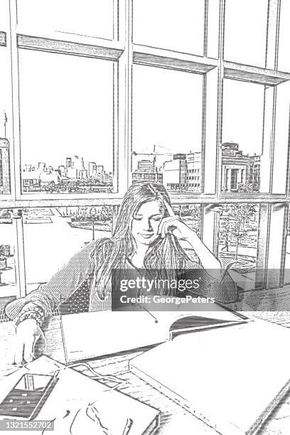 back on campus. female student studying in educational building - library interior stock illustrations
