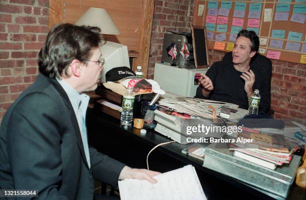 Bob Love is interviewing Jon Stewart, host of the TV talk show The Daily Show, in his studio office for the Columbia Journalism Review, December 5,...