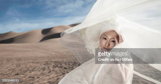 portrait of woman in desert - redactioneel stockfoto's en -beelden