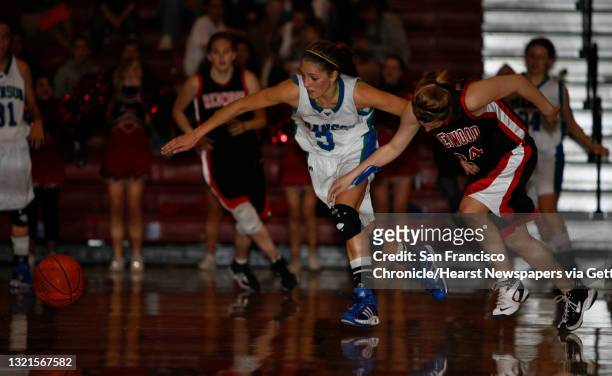 Branson vs. Redwood--High school basketball, girls Marin County Athletic League playoff. Branson's Lauren Polansky and Redwood's Brittany Shornstein...