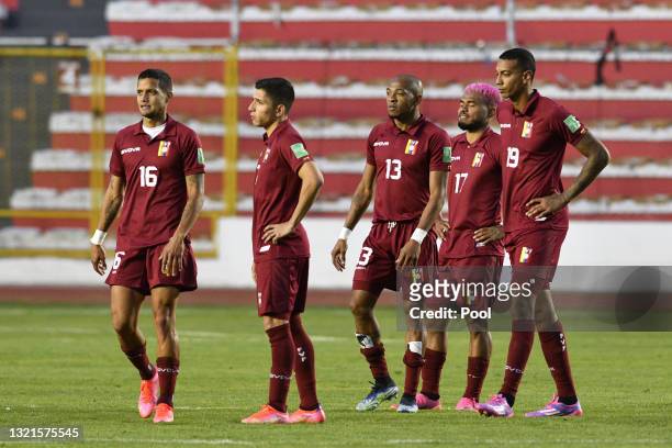 Josef Martínez of Venezuela and teammates look dejected after a match between Bolivia and Venezuela as part of South American Qualifiers for Qatar...