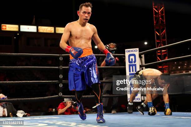 Nonito Donaire walks away after knocking down Nordine Oubaali in the second round during their WBC World Bantamweight Championship bout at Dignity...