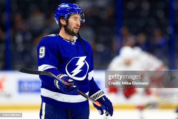 Tyler Johnson of the Tampa Bay Lightning warms up during Game Three of the Second Round of the 2021 Stanley Cup Playoffs against the Carolina...