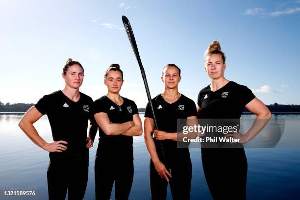 Teneale Hatton, Alicia Hoskin, Lisa Carrington and Caitlin Regal of the Women's Canoe Sprint Team pose after being named for the Tokyo Olympics...