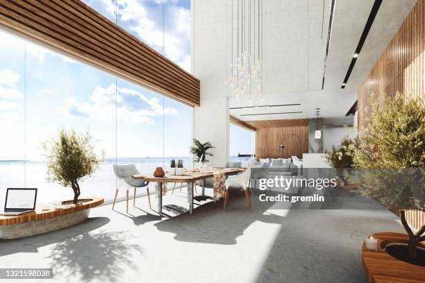 modern luxury holiday villa at seaside - property stock pictures, royalty-free photos & images