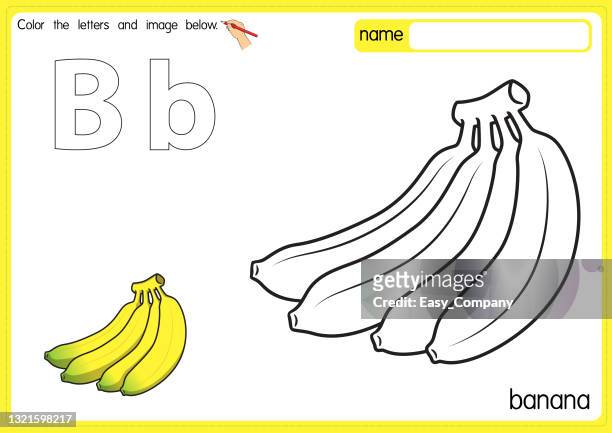 vector illustration of kids alphabet coloring book page with outlined clip art to color. letter b for banana. - flash card stock illustrations