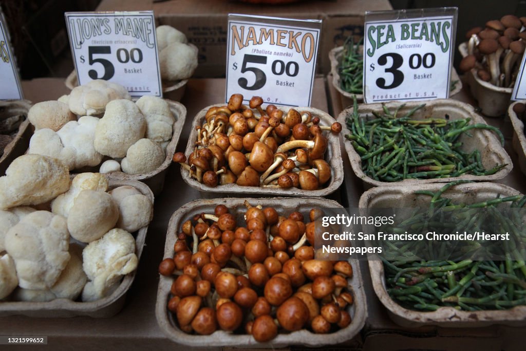 Left to right--Lion's Mane, Nameko, and Sea Beans mushroom at Far West Fungi in the Ferry building in San Francisco, Calif., on Monday, November 1, 2011.