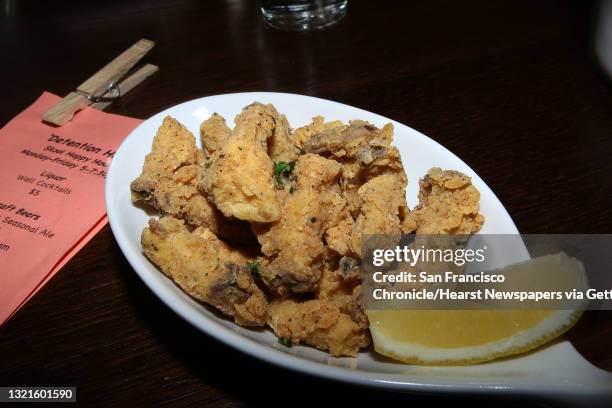 The Baby Eryngii Fries--Sun Smiling Valley Eryngii Mushroom Fries--at Skool during the dinner hour in San Francisco, Calif., on Thursday, April 28,...