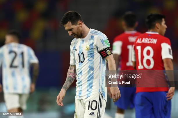 Lionel Messi of Argentina looks dejected after a match between Argentina and Chile as part of South American Qualifiers for Qatar 2022 at Estadio...
