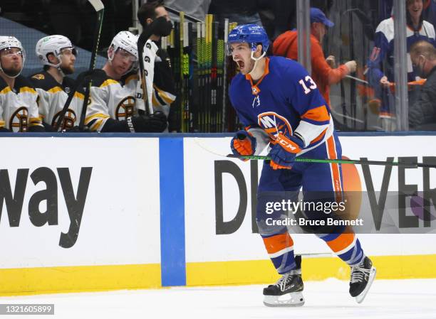 Mathew Barzal of the New York Islanders celebrates his game tying goal at 14:34 of the third period against the Boston Bruins in Game Three of the...