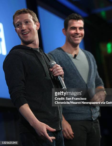 Chairman and chief executive Mark Zuckerberg with product manager Adam Mosseri introduce Facebook Home on Android at Facebook headquarters in Menlo...