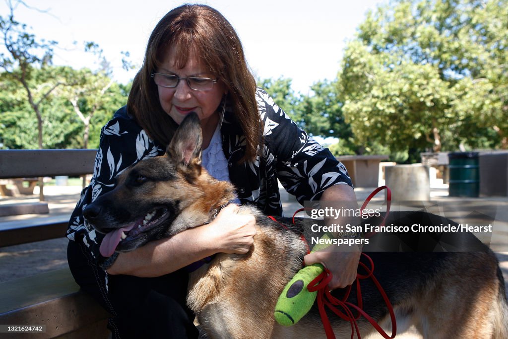 President Joan Cannelli of Golden State German Shepherd Rescue hugs four year old german shepherd Drake at Cowell Community Park in Concord, Calif., on Monday, June 17, 2013. Joan had trigeminal neuralgia, a form of facial nerve pain, for about 5 years