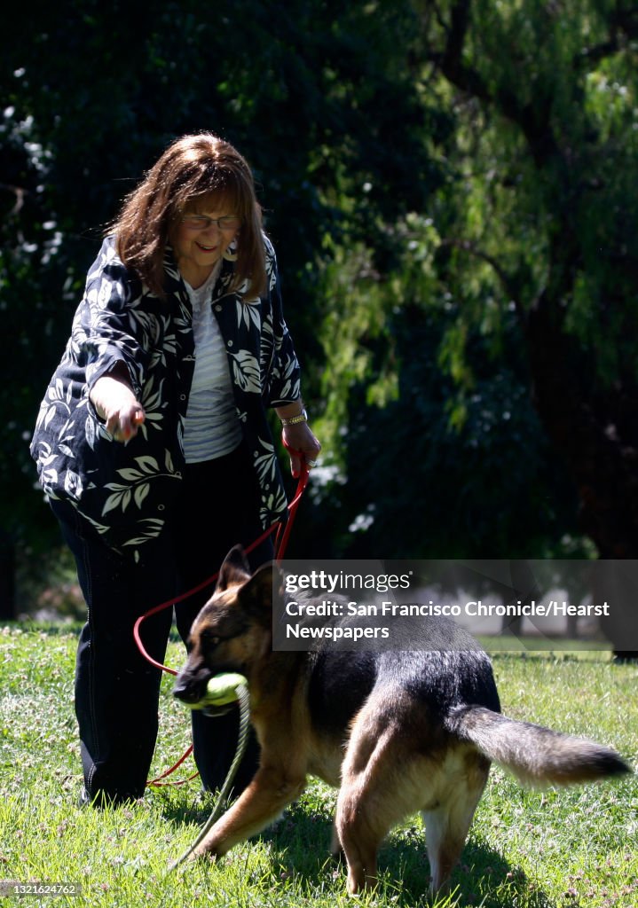 President Joan Cannelli of Golden State German Shepherd Rescue plays with four year old Drake at Cowell Community Park in Concord, Calif., on Monday, June 17, 2013. Joan had trigeminal neuralgia, a form of facial nerve pain, for about 5 years following