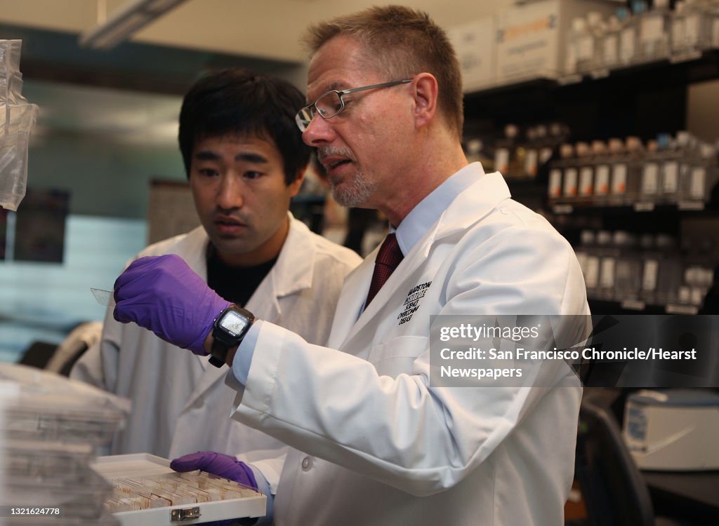 Director of neurological research Dr. Lennart Mucke (middle) talks with Sumihiro Maeda, PhD (left) at the Gladstone Institutes in San Francisco, California, on Monday, November 18, 2013. Dr. Mucke has been studying a protein called beta amyloid, the prima