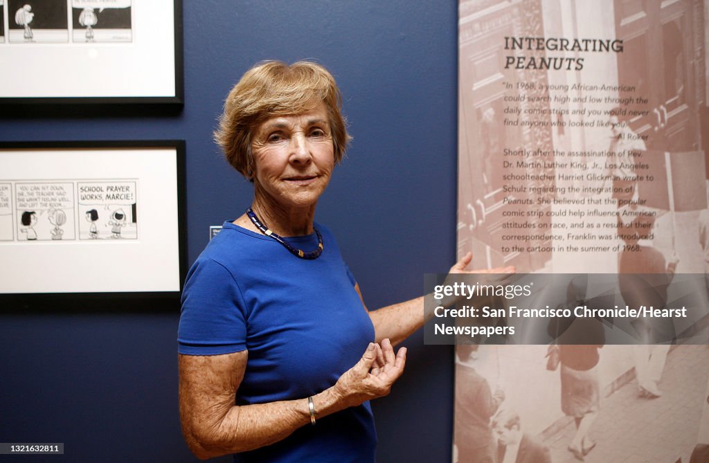 Jean Schulz, wife of cartoonist Charles Schulz, shows the Social Commentary exhibition at Charles M. Schulz museum in Santa Rosa, Calif., on Monday, September 22, 2014. Schulz introduced Franklin, a black Peanuts character, into the predominately white c
