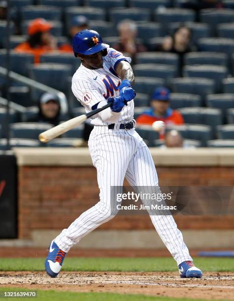 Cameron Maybin of the New York Mets in action against the Colorado Rockies at Citi Field on May 24, 2021 in New York City. The Rockies defeated the...