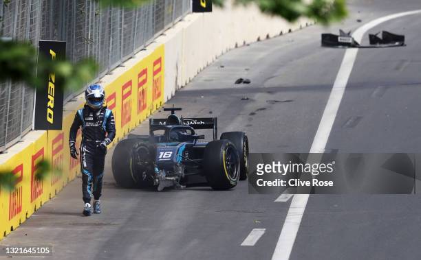 Roy Nissany of Israel and DAMS walks away from his car after crashing during practice ahead of Round 3:Baku of the Formula 2 Championship at Baku...