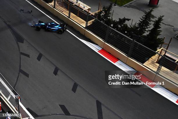 Roy Nissany of Israel and DAMS crashes on track during practice ahead of Round 3:Baku of the Formula 2 Championship at Baku City Circuit on June 04,...